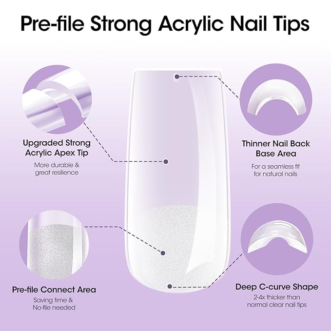 Gellen Tipex Nail Tips, 320pcs 16size Pre-builder & Pre-Etched Medium Square X Thicker Acrylic Gel Extensions Nail Tips, Builder Gel Press-on Nails for Flat Nails