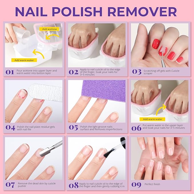 Teenitor 10Pcs Nail Soaking Bowl Kit 2 Soak Off Bowl Nail Soaking Bowl Acetone Proof Soak Off Gel Polish Remover Bowl, Manicure Bowl Cuticle Peeler Scraper Cuticle Oil Nail File and Buffer Nail Brush