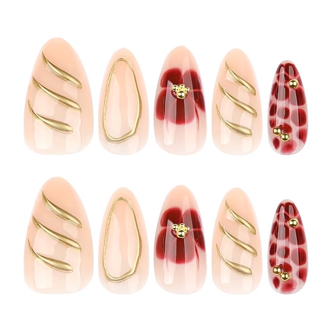 Almond Press on Nails - Medium Fake Nails with Flower Gold Line Design - Ombre False Nails Press ons - for Women Manicure 24 Pcs
