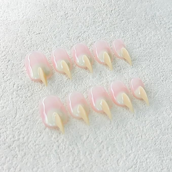 10 Pcs Handmade Press on Nails Medium Curved Stiletto Cat Claw Nails Press Ons Beige Nail Tips Design Thick Cat Claw Fake Nails Reusable Glossy Acrylic Stick on Nail (S)