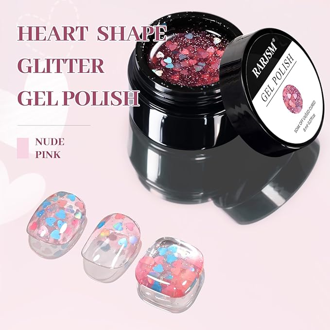 RARJSM Nude Clear Pink Heart Shape Glitter Gel Nail Polish Pink Holographic Laser Rainbow Effect Sparkle Shimmer Jelly Gel Polish Glossy Shine 8ml Soak Off Curing Need Home Salon DIY Nail Art Design
