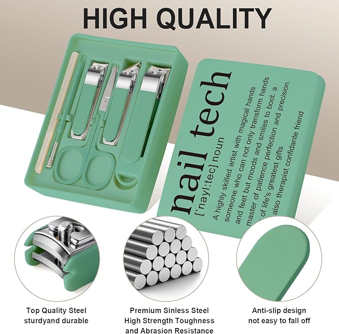 Nail Clippers and Beauty Tool Portable Set Nail Clipper Set Martensitic Stainless Steel Manicure Set 6 in 1 Suitable for Home, Workplace, Outdoor Travel, Gift Giving, Salon (Nail tech Green)