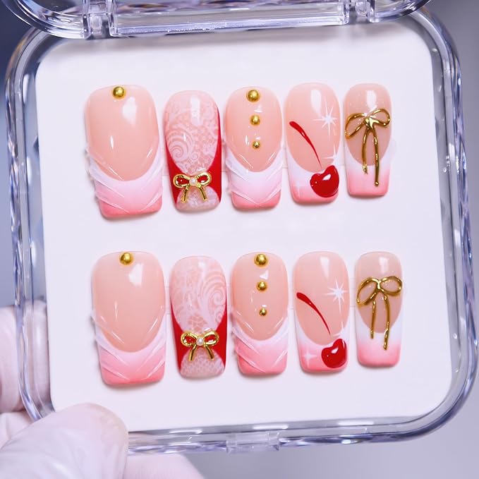 Press On Nails, 10 Pcs Handmade French Square Fake Nails, Reusable Artificial Unique 3D False Nails for Women 3D Acrylic Nails Kit (Size M)