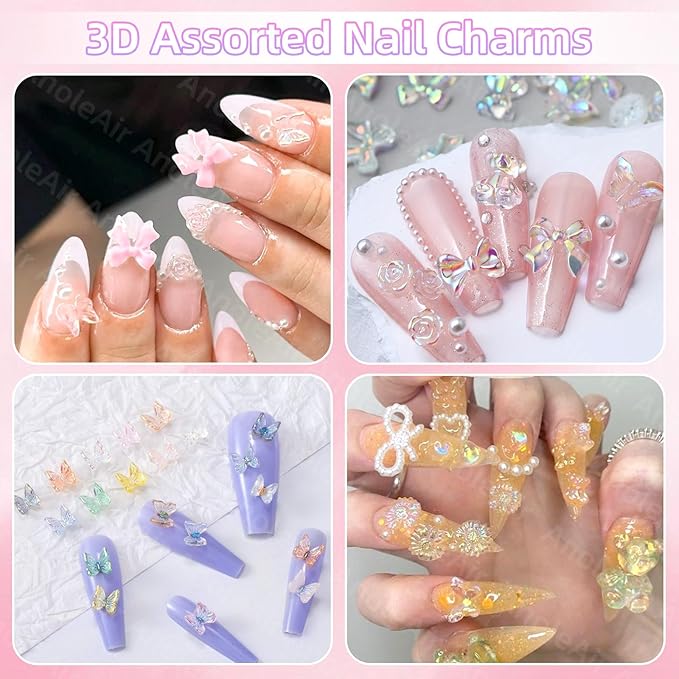 Assorted Nail Charms Kit, 3D Nail Charms and Flatback Pearls Gems Set, Gold Silver Nail Bows, Flower Butterfly Bows 3D Asssorted Nail Charms and Gems, Nail Pearls for Nail Art DIY with Pickup Tools