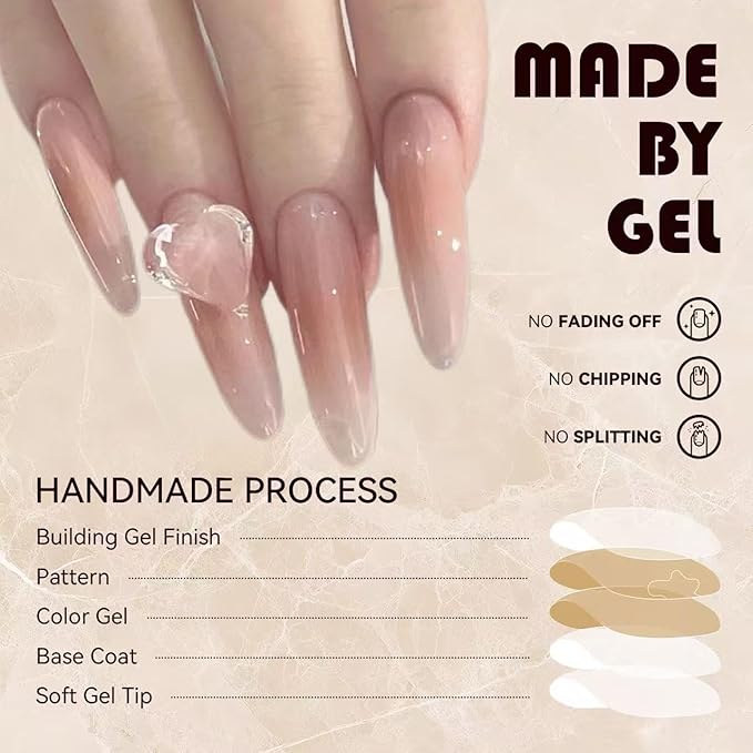3D Heart Diamonds Press On Nails for Women-Long Almond Nude Pink Fake Nails,30pcs Reusable False Nails with Jelly Glue for Prom, Wedding&Daily Wear