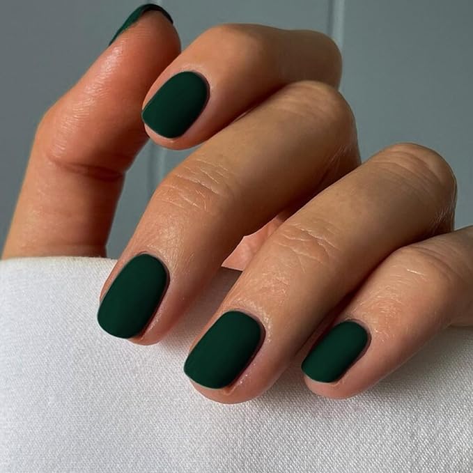 Matte Dark Green Press on Nails Short Square, Natural Short Gel Nails Glue on Acrylic Nails Press ons, 48Pcs Thick Reusable Fake Nails for Women, Short Coffin Artificial Nails Solid Color Square Nails