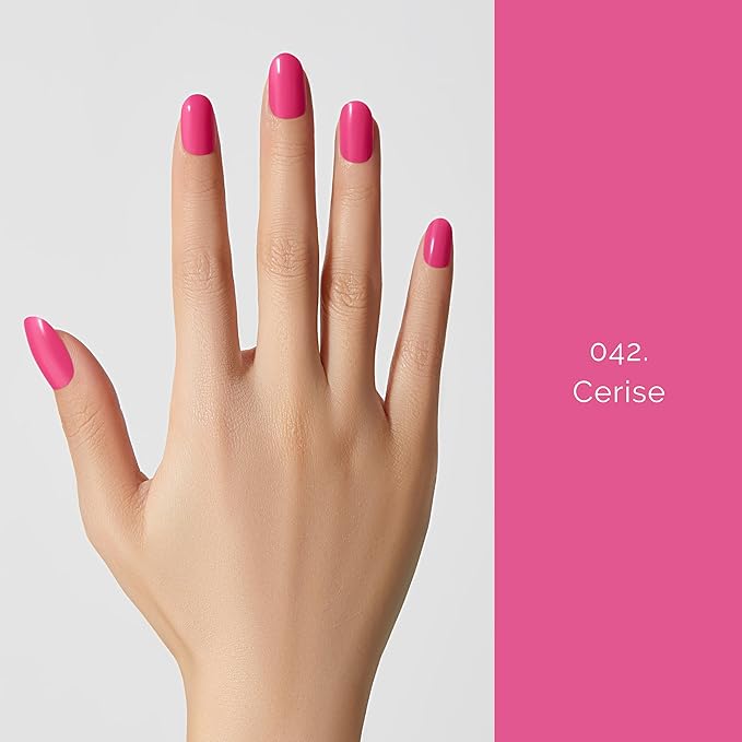 Semi Cured Gel Nail Strips - NAILOG 20 Pcs Rose Pink Nail Stickers Extra Long Wraps with Glossy Gel Finishing for Spring Summer, Cerise