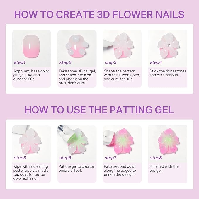 MIZHSE White 3D Sculpting Nail Gel and 9 Colors Patting Gel Polish Kit，3D Gel Nail Art Ombre Soak Off U V LED Painting Gel Set with Sponges, for Home & Salon Use