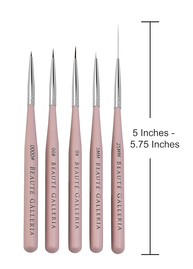 Beaute Galleria 5 Pieces Nail Art Brush Set with Liners (4mm, 7mm, 9mm) Striping Brushes (5mm, 25mm), for Thin Fine Line Drawing, Detail Painting, Striping, Blending, One Stroke