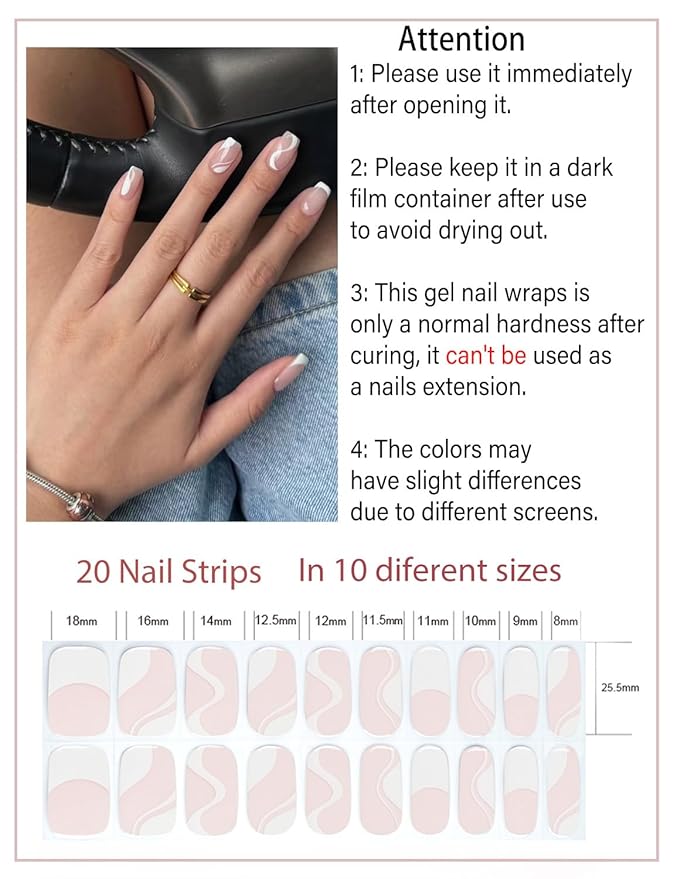 Semi Cured Gel Nail Strips, Irregular French, Strips 20pcs Gel Nails Sticker UV for Home Nails DIY