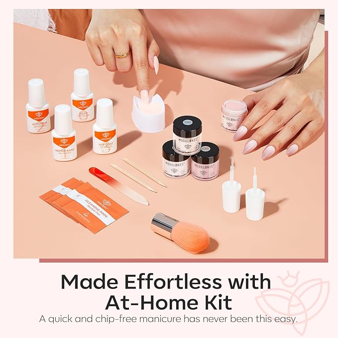 Modelones Dip Powder Nail Kit, 4 Colors Spring Summer Nude Pink Glitter Dipping Starter Set with Liquid and Complete Accessories for French Nails Art Salon DIY at Home Manicure