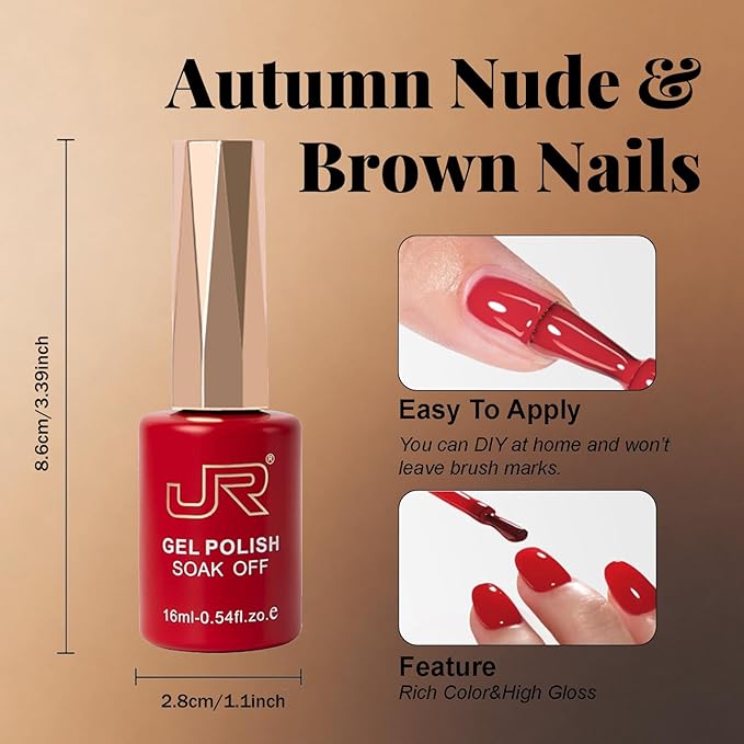 JR Light Brown Gel Nail Polish Set, 16ml Full Size Bottle 6 Colors Brown 9D Cateye Glitter Nail Gel Polish Gift Soak Off Led Nail Art Kit Salon DIY Colorful Bottle G