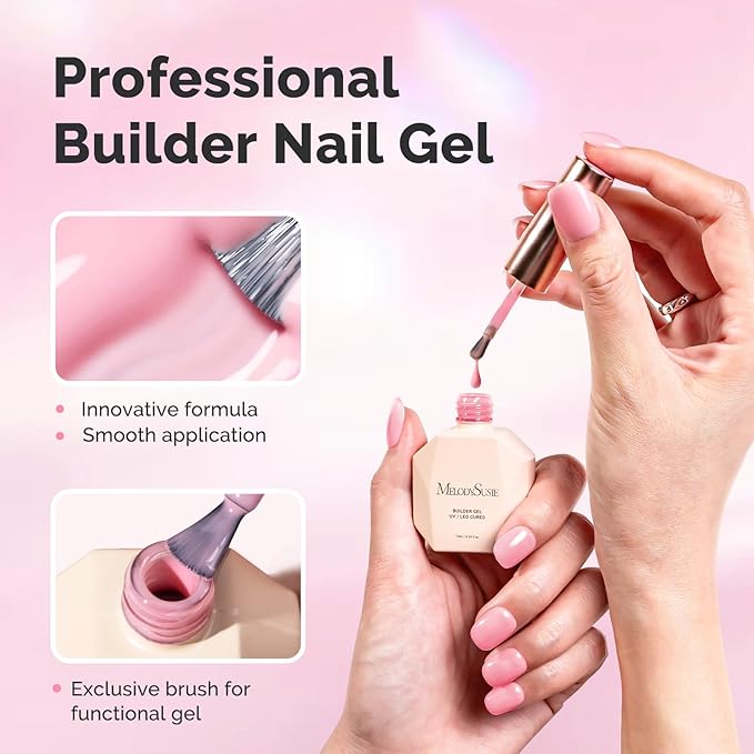 MelodySusie Pink Builder Nail Base Gel for Nails Thickening, Soak Off UV Extension Gel, Rhinestone Nail Glue for Nail Art Design Salon DIY Manicure at Home Gift for Women