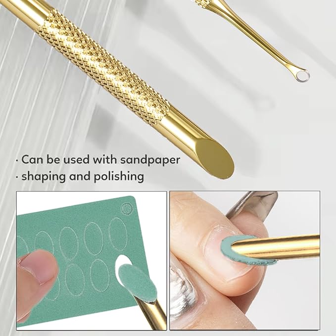 3 Pieces Gold Stainless Steel Double-End Nail Cuticle Pusher Nail Art Pre-Treatment Cuticle Remover Tool With 10 Sheets Sandpaper Dead Skin Removal Nail Cuticle Remover Trimmer Pen
