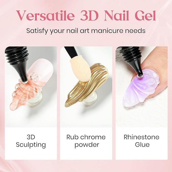 MIZHSE 3D Nail Gel 30G Clear 3D Nail Art 3D Sculpting Gel with Chrome Powder for Nail Art Design Molding Gel for Nails No Wipe Supply U V LED Gels Polish for Nails Sculpture Home DIY