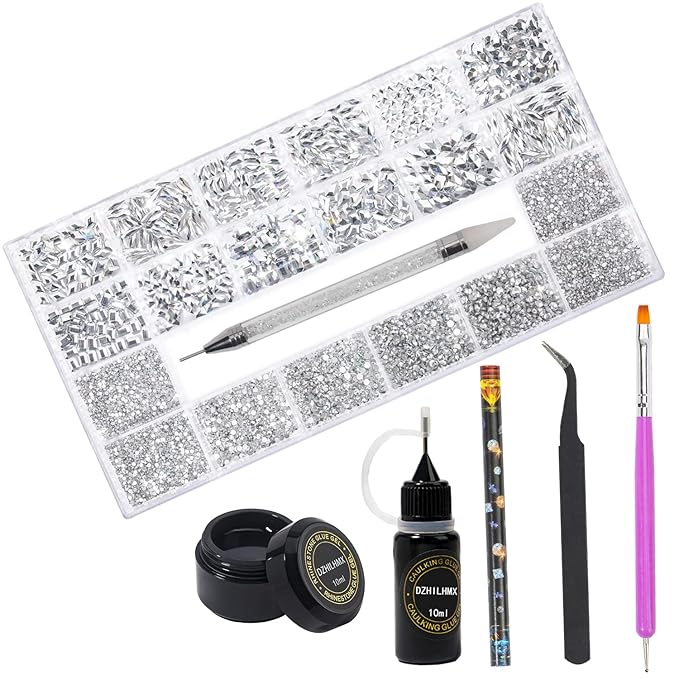 Nail Rhinestones - 4300pcs Mine Silver, Multiple Shape Gems, Flat Back Rhinestones, with Kit and Glue Gel, for Nail Art