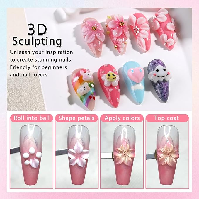 2PCS White 3D Sculpting Gel Non-Stick Hand Solid Builder Hard Gel Nail Extension Glue with Silicone Pen for Carving Patterns Decoration 3D Nail Art Manicure Home DIY