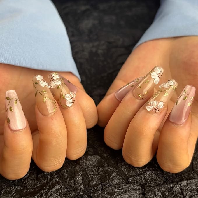 Trendy Handmade Press On Nails Medium Coffin Shape,10Pcs Hand Painted Acrylic Fake Nails with 3D Flower Charm Design Clip On Nail for Woman Gift