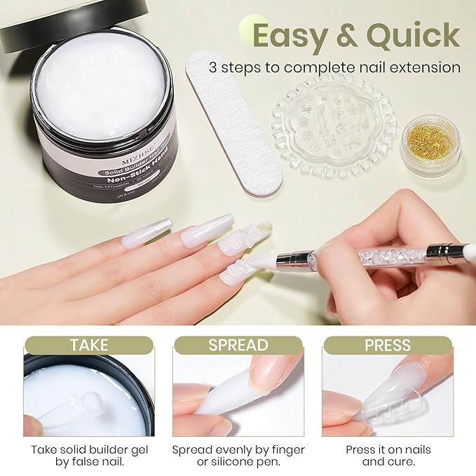 MIZHSE 100g Solid Builder Gel, Large Capacity White Sculpting Gel for Nails, Non-sticky Hand 3D Nail Art Building Carving Modeling Hard Nail Extension with 3D Mold Nail Art Salon Home DIY