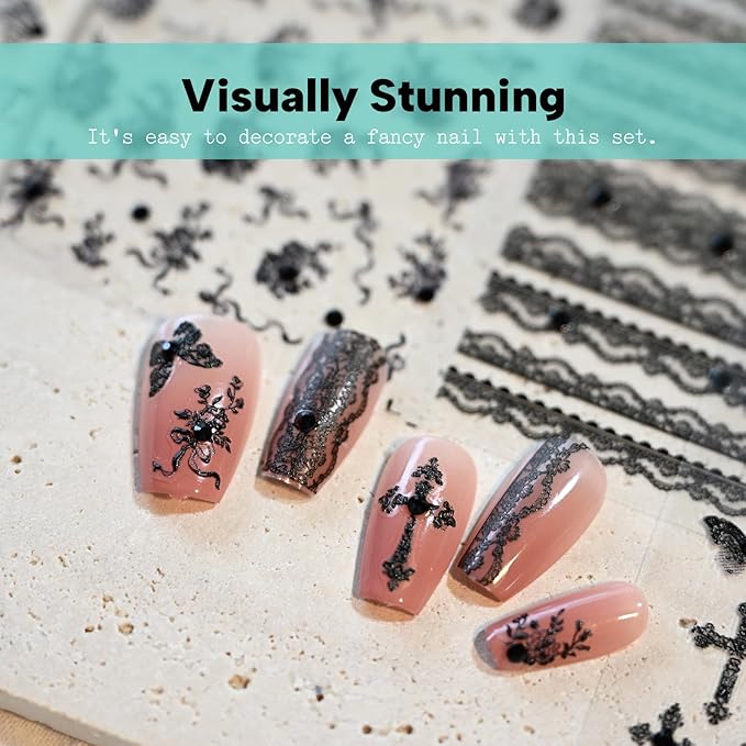 Black Lace Cross Nail Art Stickers Butterfly Totem Rhinestones Embossed Nail Decals Self-Adhesive Nail Accessories for Women Nail Art Supplies 3 Sheets