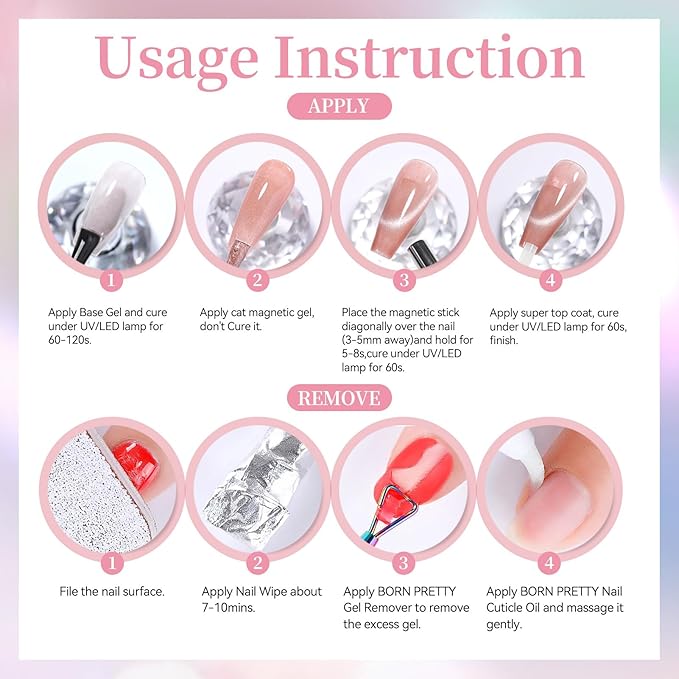Born Pretty Cat Magnetic Eye Gel Nail Polish Set,6 Colors Spring Summer Pastel Mirror Effect Magnetic Gel Polish Glass Smoothie U V Gels for Nail Art Manicure DIY at Home 7ML