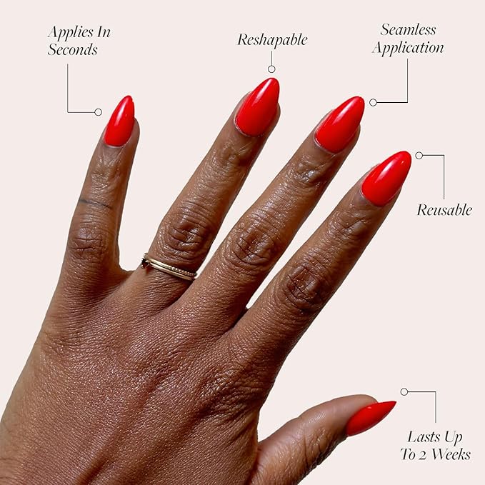 Glamnetic Press On Nails - Fiery Red Fake Nails | Opaque Bright Red Short Almond Fake Nails, Salon Quality | 15 Sizes - 30 Nail Kit with Glue