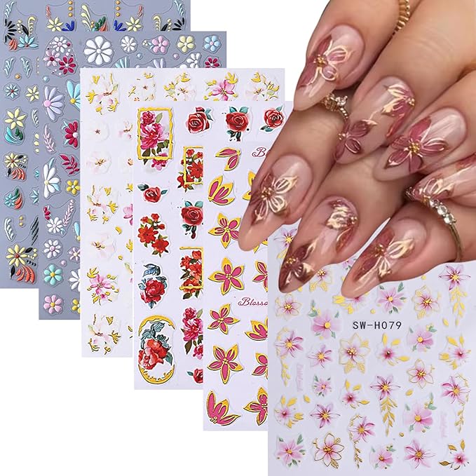 Flower Nail Stickers 6 Sheets - 5D Embossed Floral Designs with Gold Foil Accents, Self-Adhesive Nail Art Decals for Women, Spring & Everyday DIY