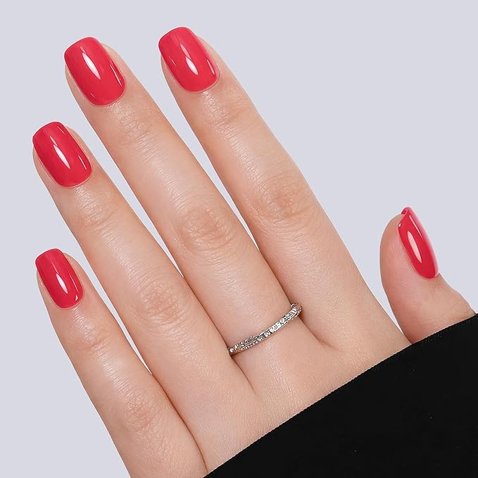 UNA GELLA Soft Gel Press on Nails - 16 Sizes Red Short Square Glue on Nails, 32Pcs Reusable Red Solid Color False Nails with Glue, Full Cover Acrylic Nail Kit for Women DIY Home Manicure
