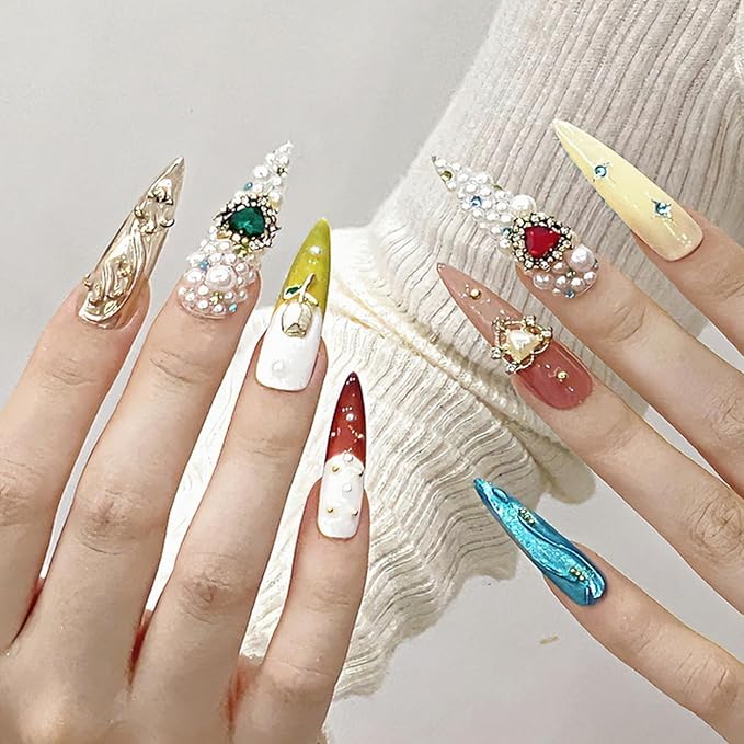Luxury Press on Nails Long Stiletto Handmade 3D Unique Reusable ABS Material Fake Nails Full Rhinestones False Nails with Designs Flower Heart Charms Glossy Glue on Nail Thick Acrylic Nail(M)