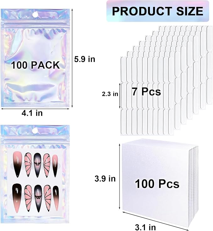 100 PCS Press On Nails Packaging Bag Holographic Nail Storage Bag and 100PCS Shiny White Pearl Card with 7 Sheets Pre-cut Nail Tape for Fasle Nail packaging Home Salon Business Use (Laser)