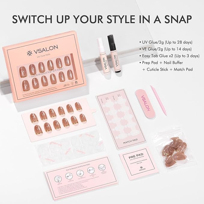 VSALON Press On Nails Short Oval, Gold Foil Nude French Tip Cat Eye Shimmer Nails, Salon Quality Semi-transparent Fake Nails Kit - 32 PCS Stick on Nails in 16 Sizes with UV Glue & Cuticle Oil