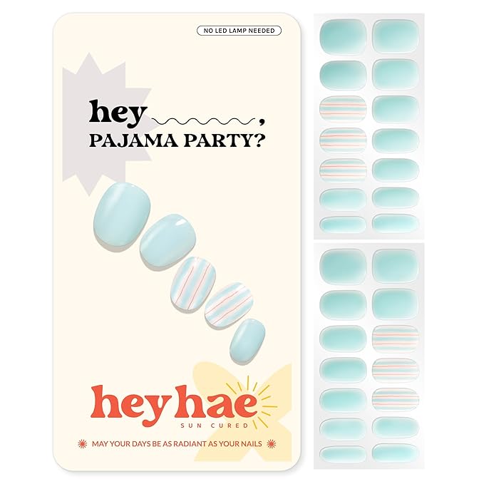 Heyhae Semi Cured Gel Nail Strips | No LED Lamp Needed | Summer, Solid, Blue | Easy Apply & Remove, Salon Quality | Includes 28 Strips, 1 Prep Pads, Nail File & Wooden stick - Hey, Pajama Party?