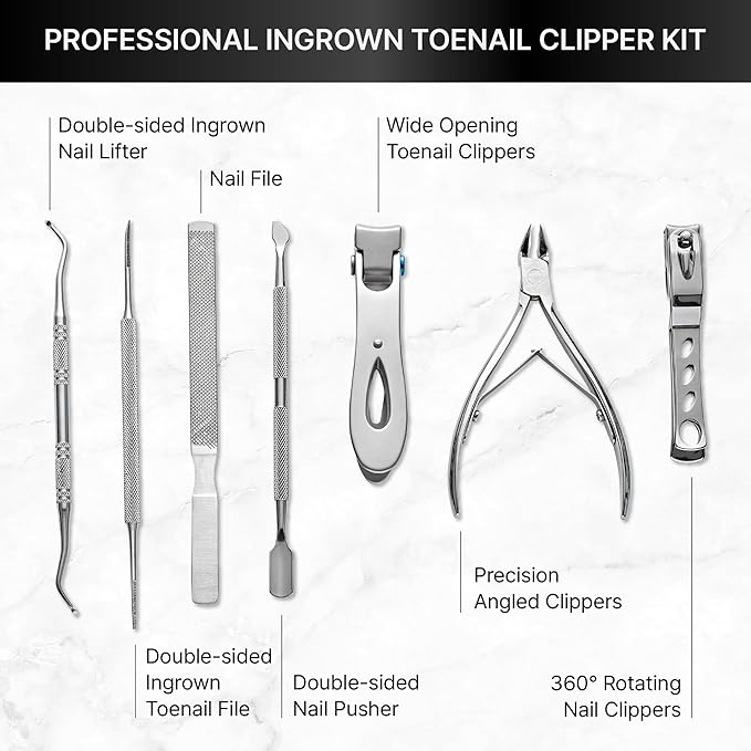 Ingrown Toenail Clippers for Seniors Thick Toenails, 7 Pcs Heavy Duty Large Pedicure Toe Nail Clipper Set with Wide Opening, Includes Nail Cutter, File, Lifter, Cuticle Pusher, Travel Case