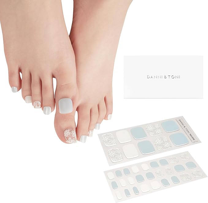 DANNI & TONI Semi Cured Gel Toenail Strips Flowers (Aroma) Light Blue Toenail Stickers Summer Gel Pedi Wraps 37 Stickers