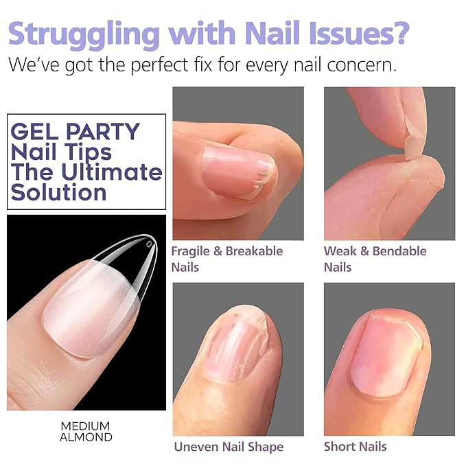 GELPARTY Soft Gel Nail Tips Medium Almond - 240Pcs Pre-Buffed Matte Full Cover Tips - No Filing Needed, Soak Off Gel Extension System - Clear False Nails (12 Sizes)