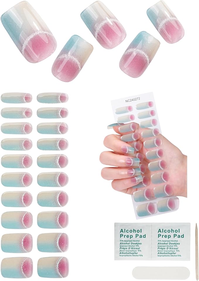 Semi Cured Gel Nail Strips - 20pcs Glaze Gel Stickers, Salon Quality DIY Wraps, Easy to Apply, UV Light Required