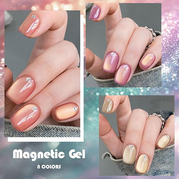 MEET ACROSS 8PCS/SET Light Golden Magnetic Gel Nail Polish Kit, Semi-Permanent Soak Off LED, Super Bright Cat Eye Series Nail Art Gift for Women