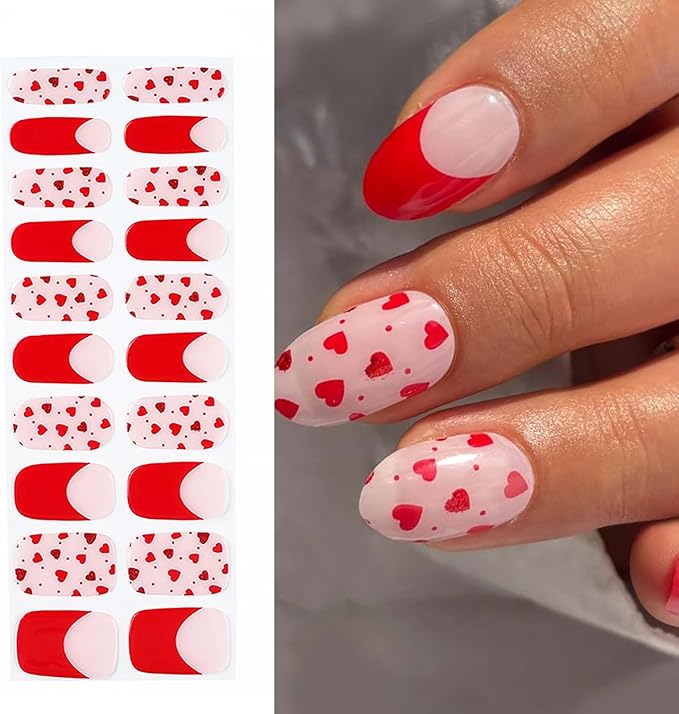 Semi Cured Gel Nail Strips (Red Love), French Heart, 20 Pcs Gel Nail Wraps, Stickers, UV Light Required, Salon Quality, Long Lasting, Valentines Day Gift for Women Girls DIY Manicure