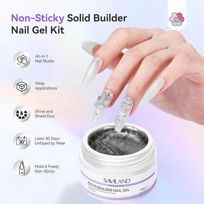 SAVILAND Non Sticky Solid Builder Nail Gel: Gold Silver Metallic 3D Nail Gel No Wipe Sculpting Gel for Nail Art Easy Sculpting Molding Gel with Chrome Nail Powder DIY Manicure Carving Decoration Salon
