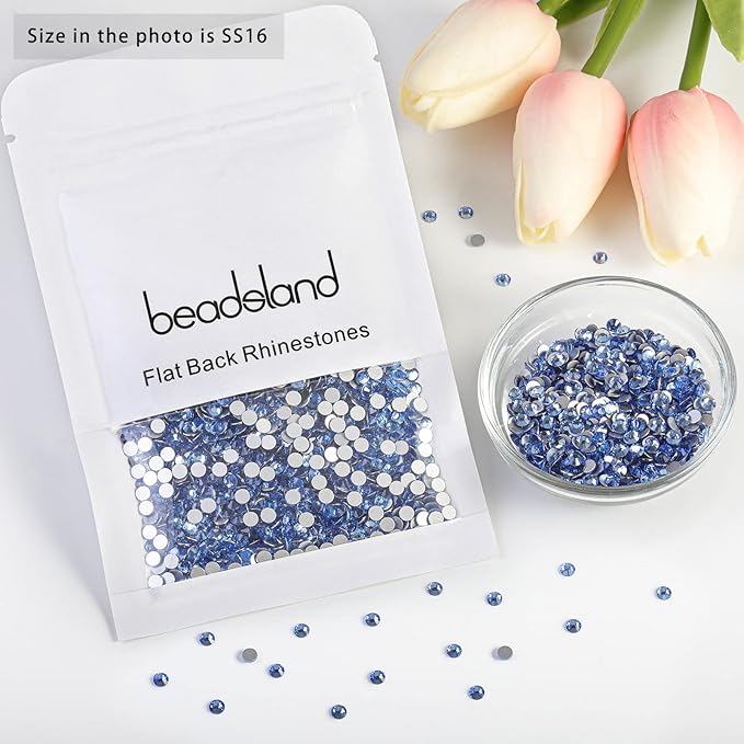 Beadsland 2880pcs Flat Back Crystal Rhinestones Round Gems for Nail Art and Craft Glue Fix,Light Blue,SS16,3.8-4.0mm