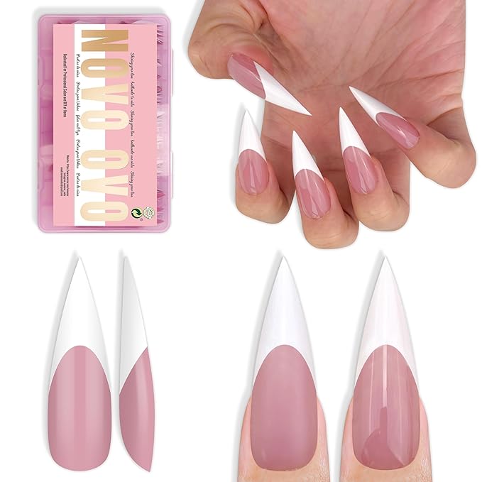 NOVO OVO White French Tip Long XL Sharp Stiletto Nail Tips Press on BERRY PINK, Soft Gel Double Matte Fake Nail Extension, Full Cover False Nails for Acrylic DIY x 16 Sizes 160 pcs