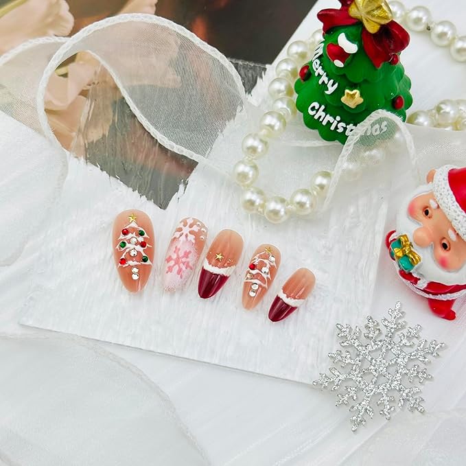 Christmas Press on Nails Medium Almond French Tip Fake Nails Xmas Tree Stick On Nails with 3d Star Pearl Rhinestones Designs Winter Snowflake Full Cover False Nails for Women Manicure Decoration 24pcs