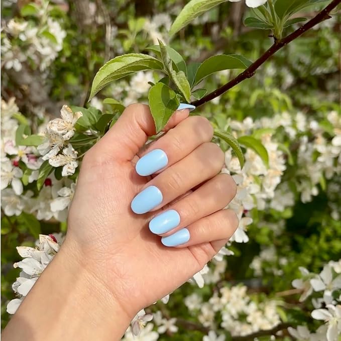 Press On Nails - Cloud Nine | Opaque Soft Pale Sky Blue Short Oval Fake Nails, Salon Quality | 32 Nails, 16 Sizes Kit with Glue and Adhesive Tabs I Female Founded