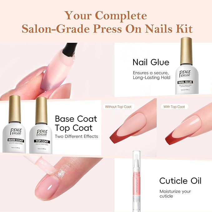 PEACECOLOR French Tip Press On Nails Kit - 150Pcs Long Coffin 5 Colors Nail Tips Gel Nail Kit with U V Light Base & Top Coat Starter Kit Nail Glue Manicure Set Fake Nails DIY Gift for Women Girls Home