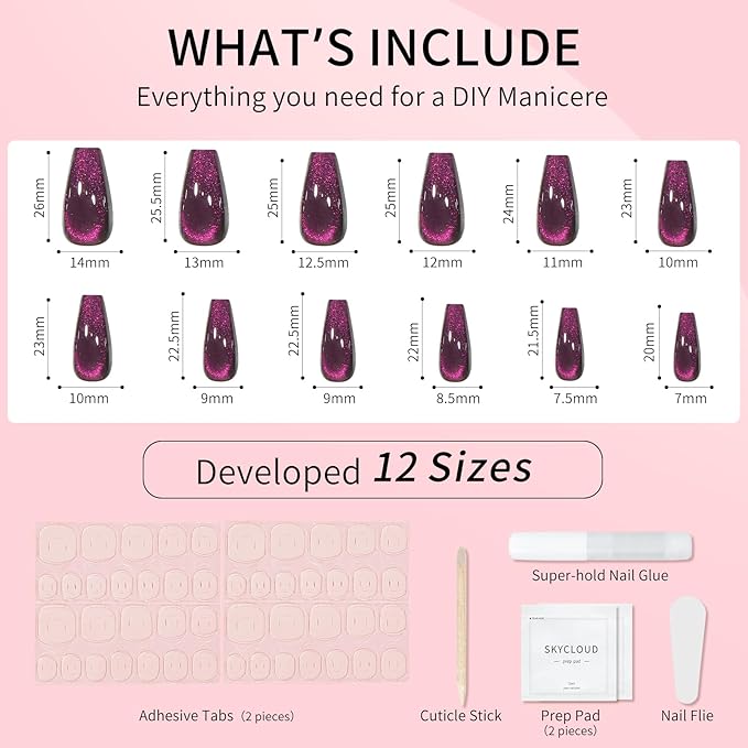 Purple Cat Eyes Press On Nails for Women Girls, 12 Size-24 Pcs Purple Medium Coffin Fake Nails, Skycloud Reusable Stick On False Nails SK0721