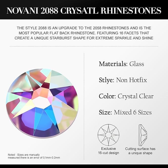 Novani Crystal AB Rhinestones Flat Back Round Rhinestone Style 2088 Sparkly Crystal Gemstones for Makeup Nail Art Crafting,Mixed Small Size(SS6-SS20)