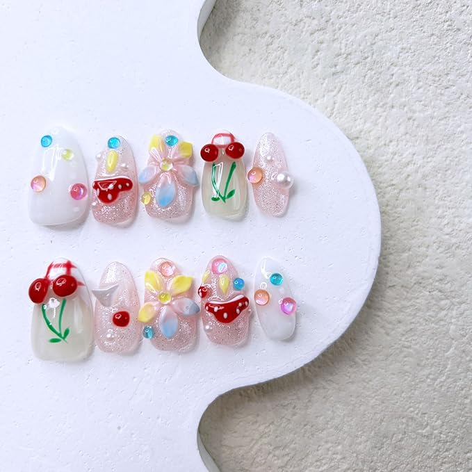 Short Almond Press on Nails Luxury Handmade Nails with Glue,3D Cherry Mushroom Rhinestone Designs False Nails Handmade Nail Press ons Muti-Layer Gel French False Nails for Women (Size S)