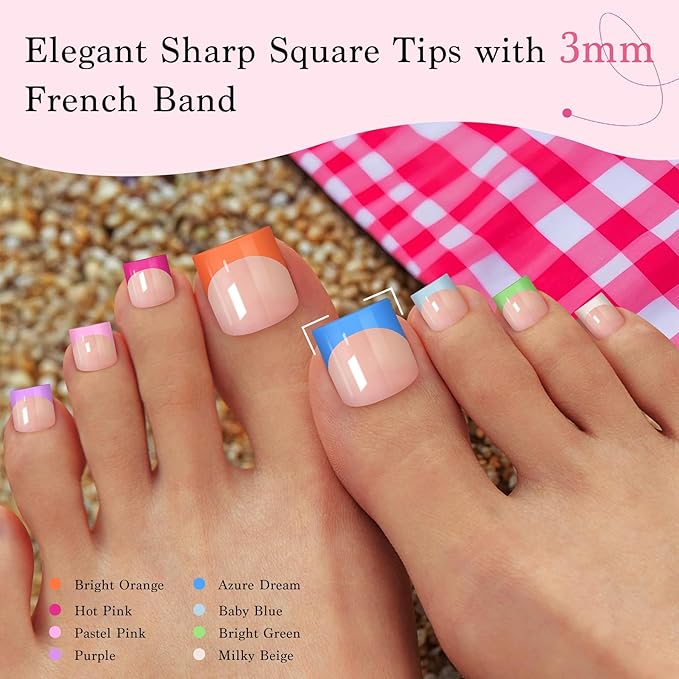 15 Sizes 300 PCS Press on Toenails for Women, 10 Rainbow Colors Fake Toe Nail Sharp Square, Brighter Pastel French False Nails Tip Pre-applied Primer& Base Coat, Need Builder Nail Gel& Top Coat
