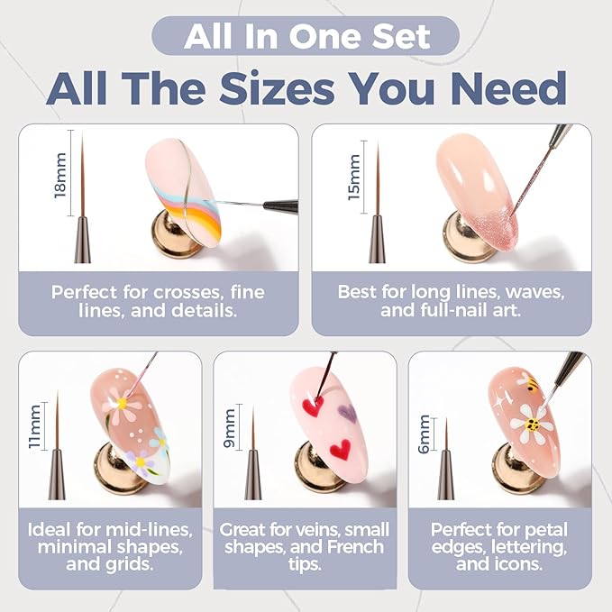 UNA GELLA Nail Art Brushes Metallic, Liner Pens 5Pcs Set For Nail Art Gel Polish, Gray Color, Detail Nail Art Design Painting Brush Set For Nails Gel Fine Drawing Nail Tools, 6/9/11/15/18mm