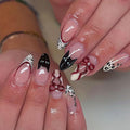 Press on Nails Long Almond MABKJLF French Tip Fake Nails False Nails with Stars Bow Leopard Print Zebra Print Pearls Designs Glossy Glue on Nail Full Cover Acrylic Nails for Women Girls 24Pcs